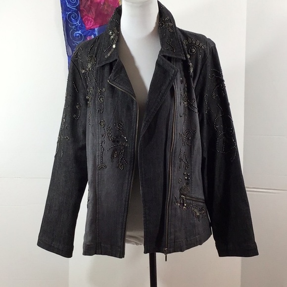 Chico’s black denim beaded moto jacket L - Picture 9 of 13